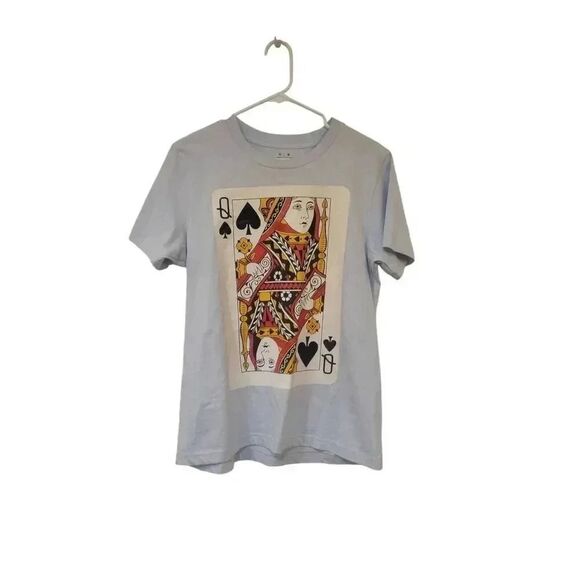 Make Marker Unisex Light Blue Cotton Knit Queen of Spades Graphic Crewneck Short - Picture 1 of 9